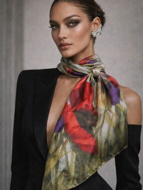 Karen Sistek Studio Handpainted Silk Scarf Signed Floral Dragonfly